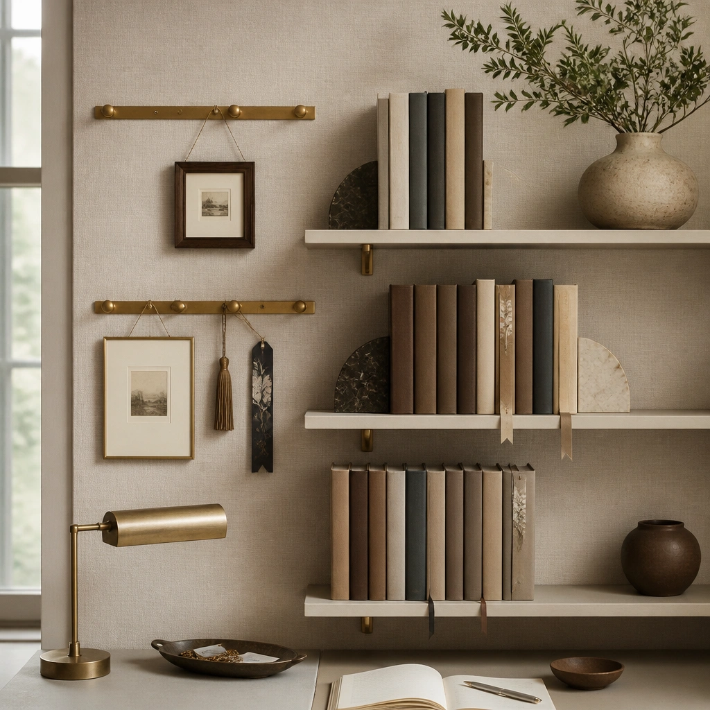 A wall covered with a light linen-look panel behind a few shelves. Brass peg rails hold small framed signs and book supports. Books are arranged with consistent spine tones and a few decorative bookmarks.