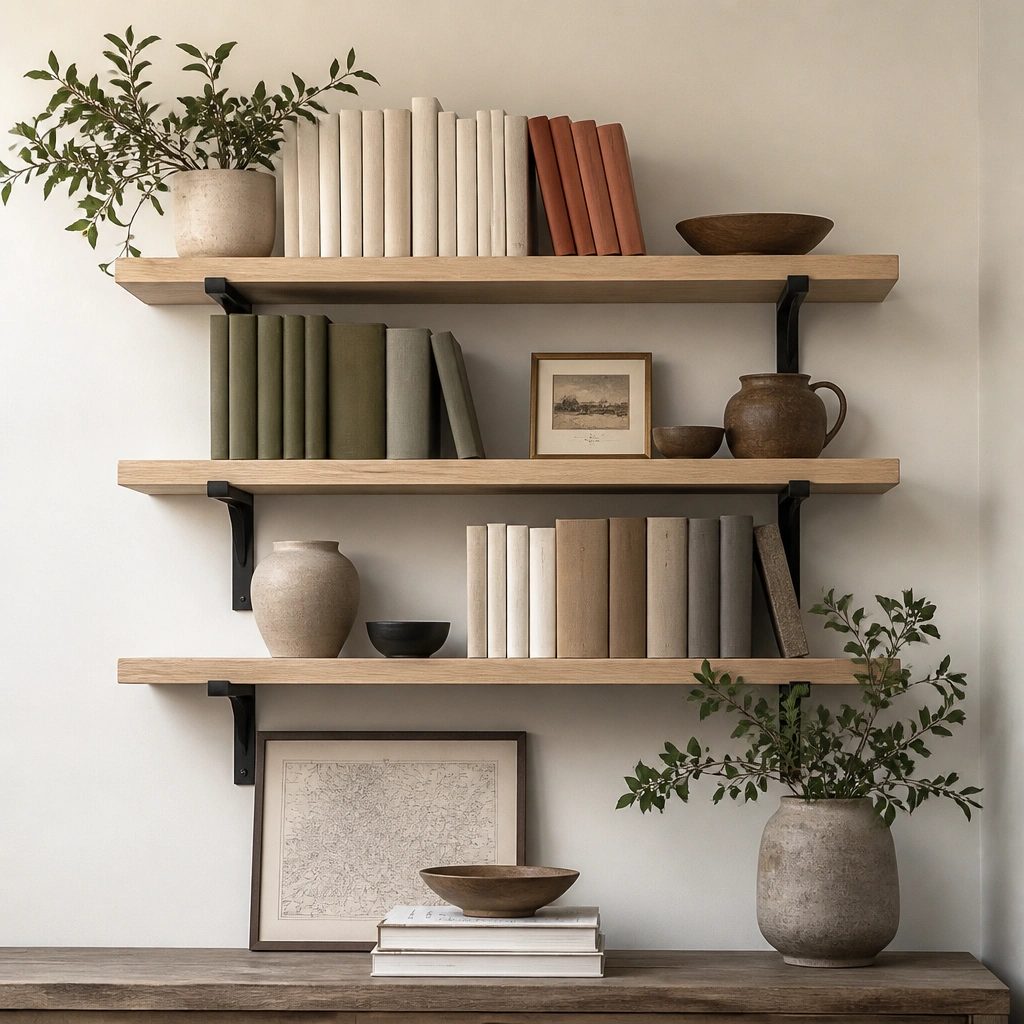 Floating shelves made of light oak boards with black metal brackets. Books are color-blocked into groups: neutrals, olive, and one warm terracotta accent. A small stack of cookbooks sits near a framed map.