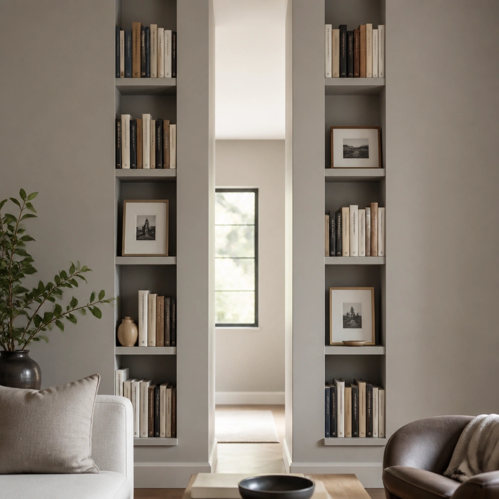 Two tall, narrow columns of ledges on either side of a slim wall opening. Each column holds books stacked upright, with a few standing frames spaced evenly. The wall is painted a soft warm gray.