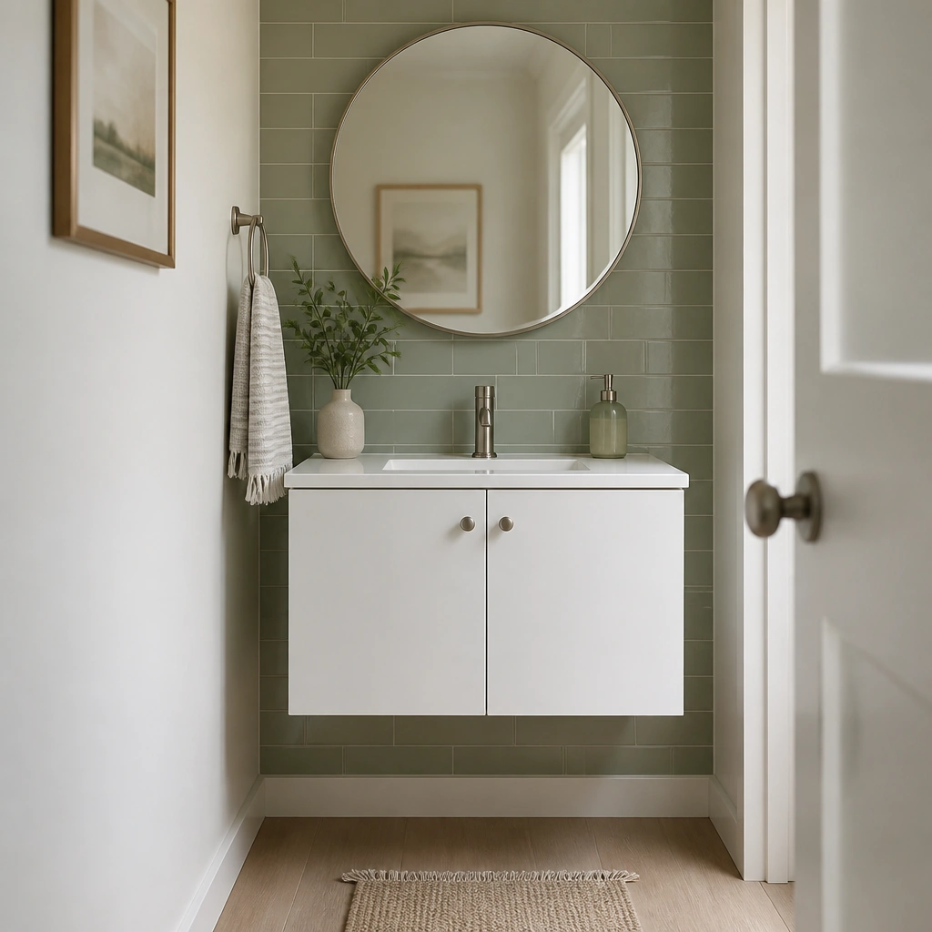 A small half bathroom with a wall-hung white vanity about 16 inches deep, floating off the floor, with two simple brushed-nickel knobs, and a clean white quartz countertop. A round faucet sits centered, and the wall behind is covered in soft sage subway tiles.