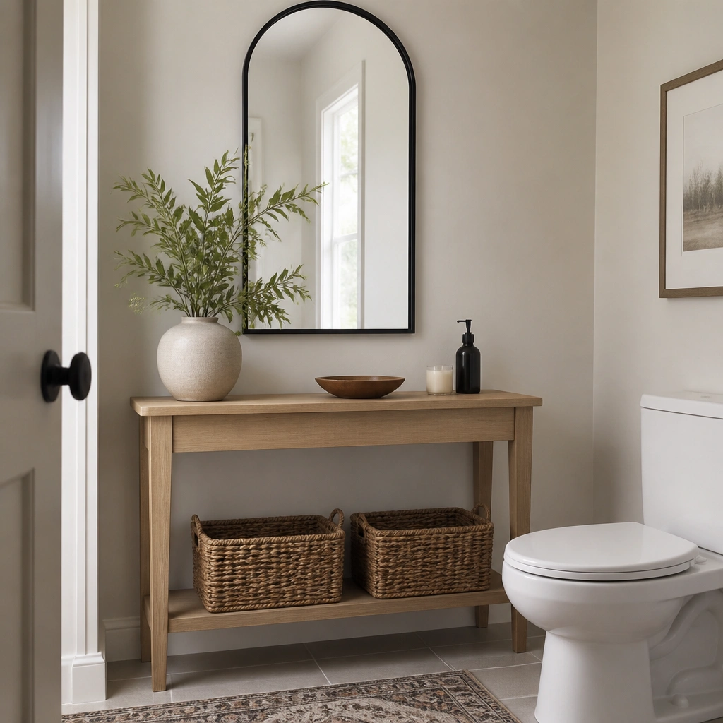 A narrow light-wood console table in a half bath, placed against the wall beside the toilet. The console has thin legs, a top shelf, and an open lower shelf holding two woven baskets labeled with small tags. A tall, arched black mirror hangs above.