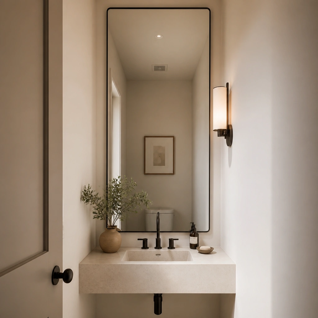 A tiny half bathroom with a large, vertically oriented mirror spanning most of the wall above a small sink. The mirror has a very thin black frame, and the lighting comes from a single wall sconce on the side. The rest of the space is painted warm off-white.