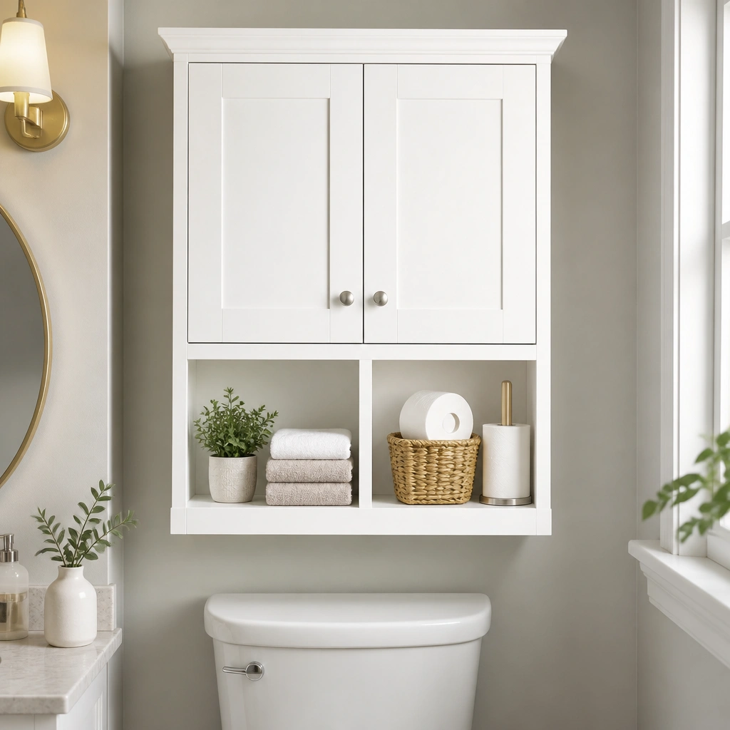 An over-the-toilet cabinet in a compact half bath with two closed doors on the top portion and two open cubbies on the bottom. The cabinet is white with simple hardware, and the shelves inside are neatly arranged with folded towels and a spare roll holder.