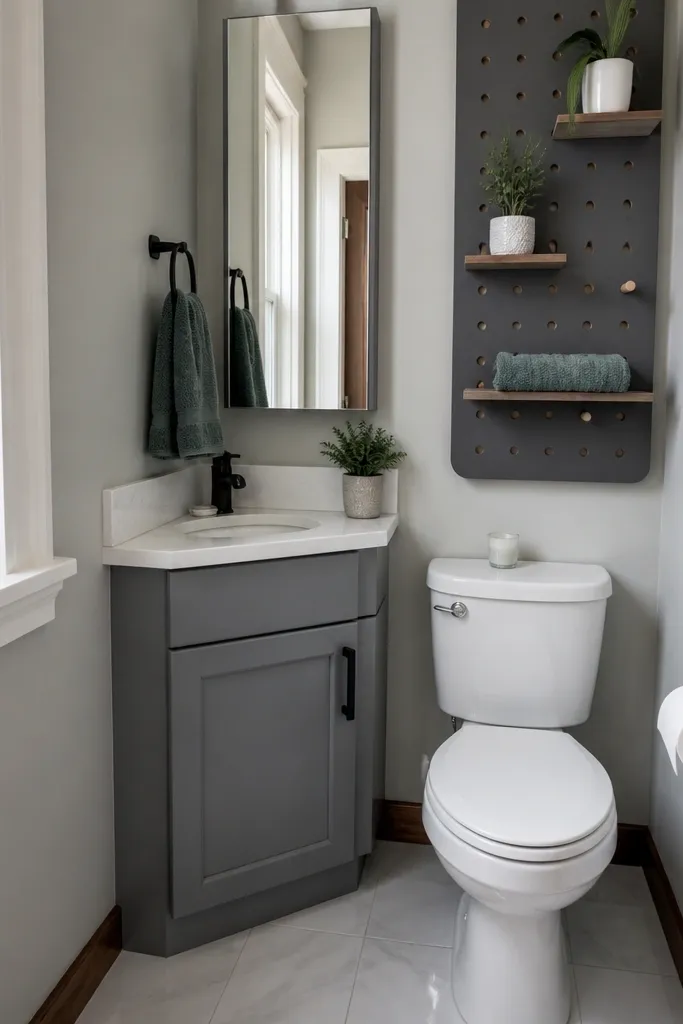 A corner half bathroom showing a small corner sink with a compact vanity that wraps into the corner. The wall is covered in small patterned tile, and a wall-mounted faucet is centered above the sink. A narrow wall cabinet is installed to the side.