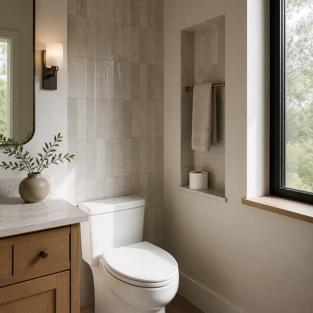 A half bathroom with a built-in-looking niche next to the toilet. The niche includes a bar for a hand towel and a small ledge holding a spare toilet paper roll. The niche area is finished with the same tile as the accent wall.