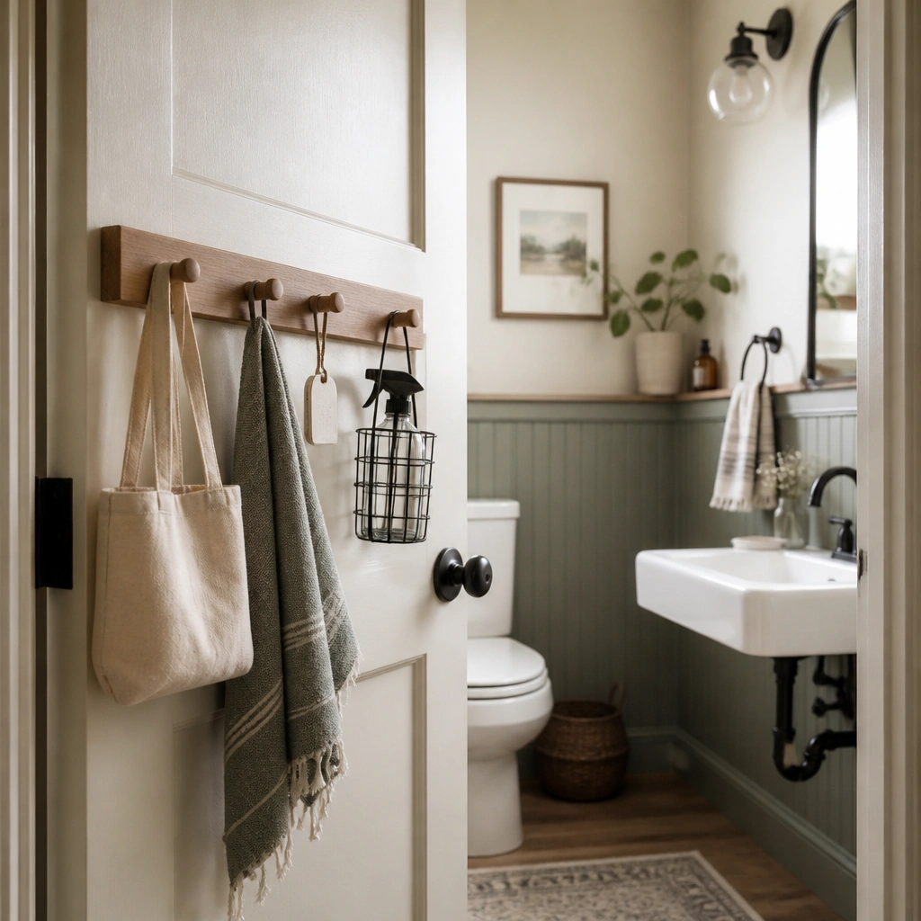 A compact half bath with a peg rail mounted behind the bathroom door. Several hooks hold a small tote, a folded hand towel, and a spray bottle in a wire holder. The door is open, showing the hooks and a small label tag on one hook.