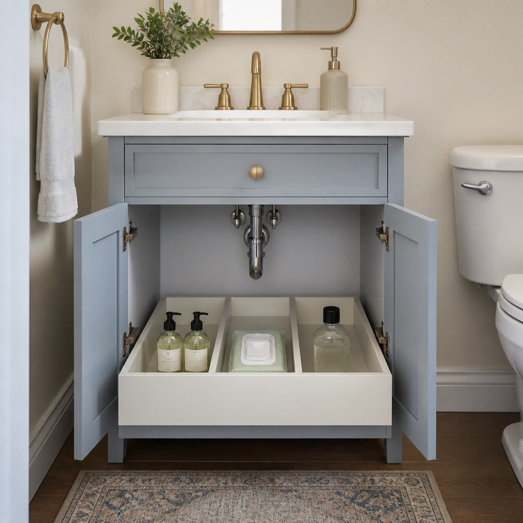 A small half bathroom under a compact vanity showing a pull-out organizer tray with labeled compartments. One section holds spare hand soap, another holds wipes, and a third holds a small bottle of cleaner. The cabinet interior is painted a light, durable color.