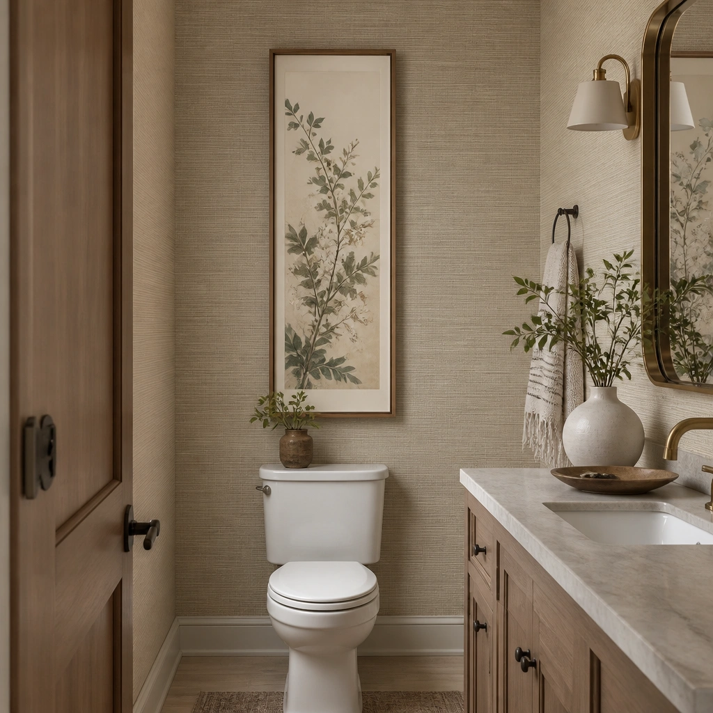A half bathroom with a long framed print (tall rectangle) hung vertically above the toilet or on the main wall. The frame is slim and in a warm wood tone, and the print has soft botanical colors. The wallpaper behind is subtle and textured.