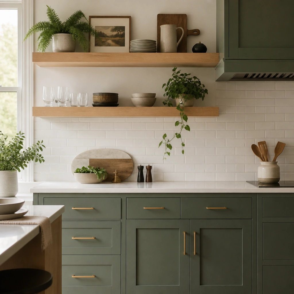 A kitchen with cozy sage-leaning forest green shaker cabinets, white quartz counters, and open shelves made from light white oak. Brass bar pulls line the drawers, and a white subway tile backsplash runs behind the counter.