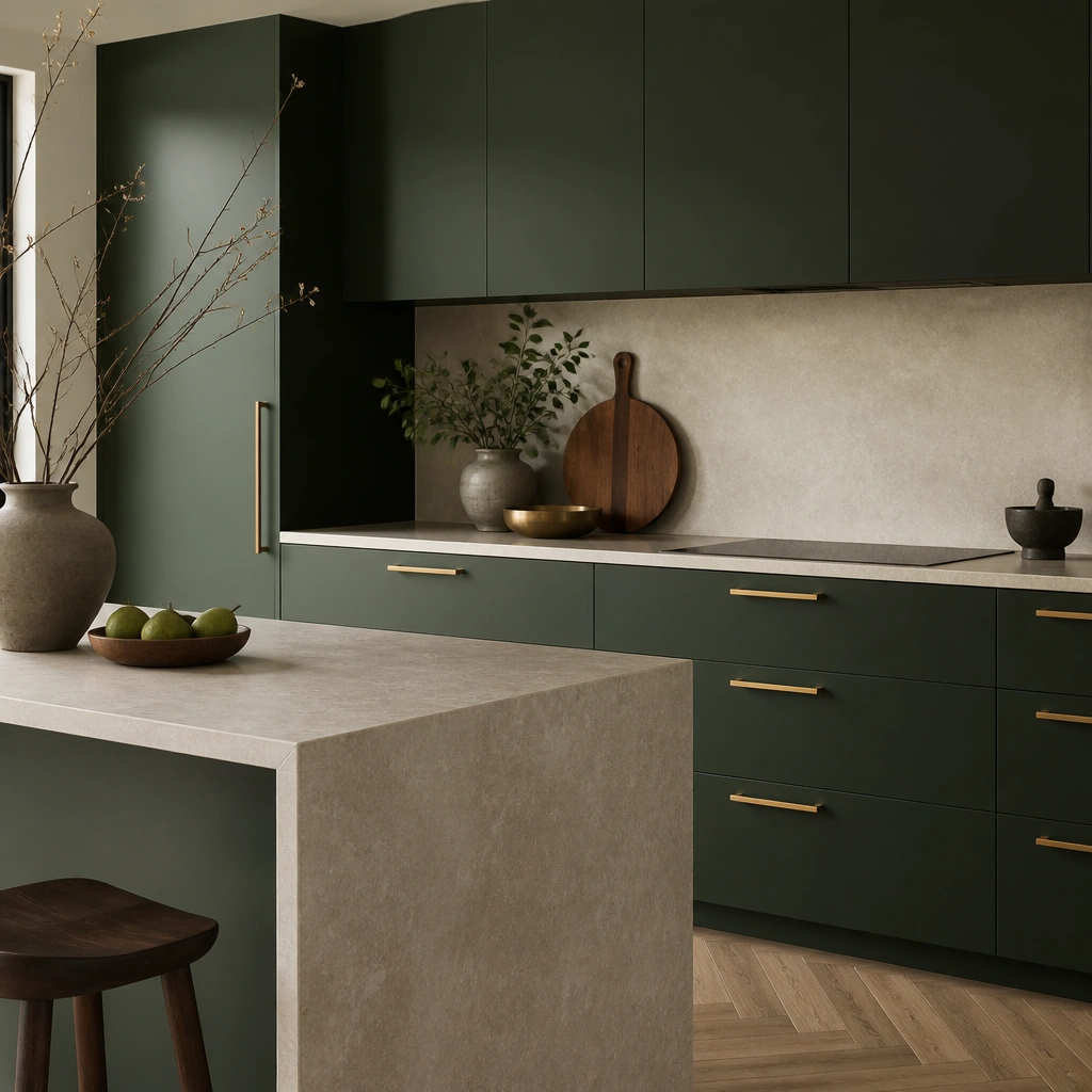 Minimalist kitchen with deep forest green flat-panel slab cabinets, warm greige stone countertops, and a waterfall-style island edge. Oversized brushed brass pulls and a simple cream backsplash frame the cabinetry.