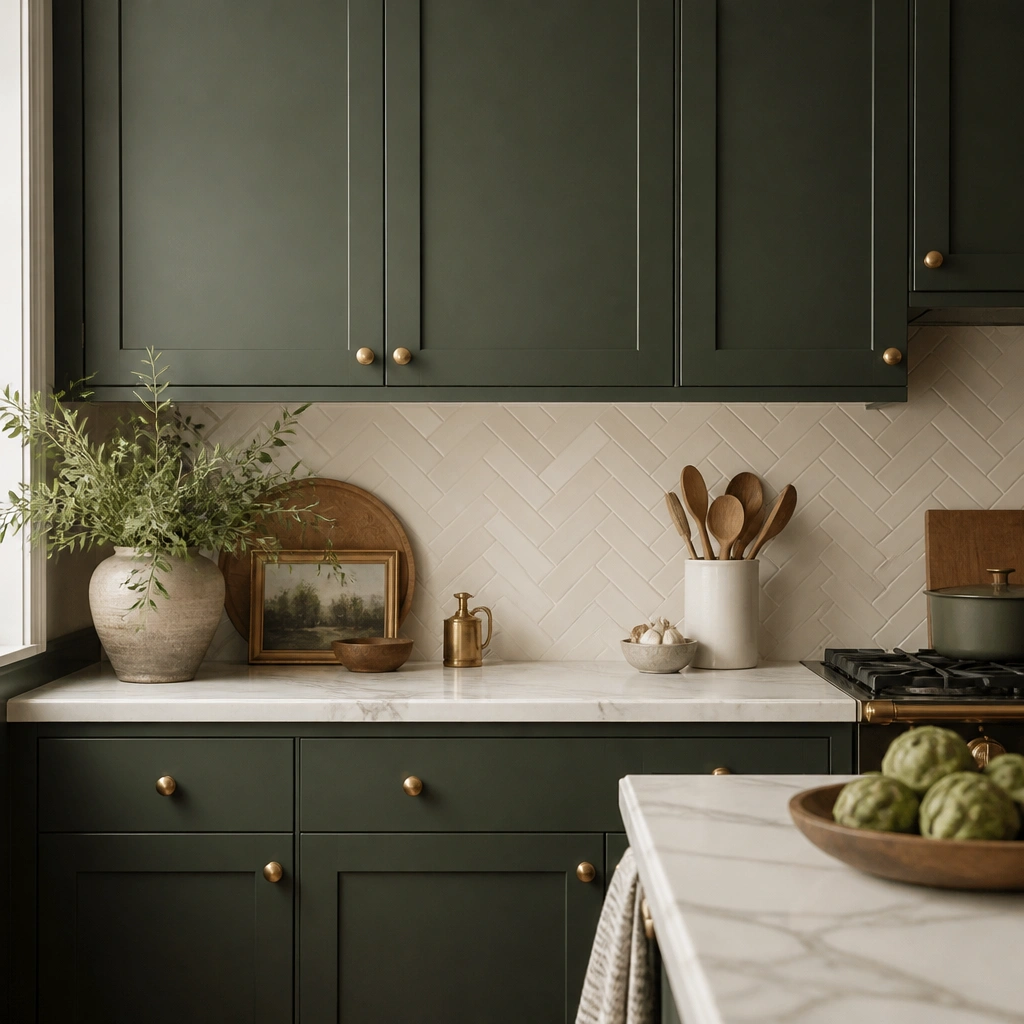 A cozy kitchen where forest green cabinets sit above a creamy off-white herringbone backsplash. The countertop is light marble-look, and small antique brass knobs dot the doors.