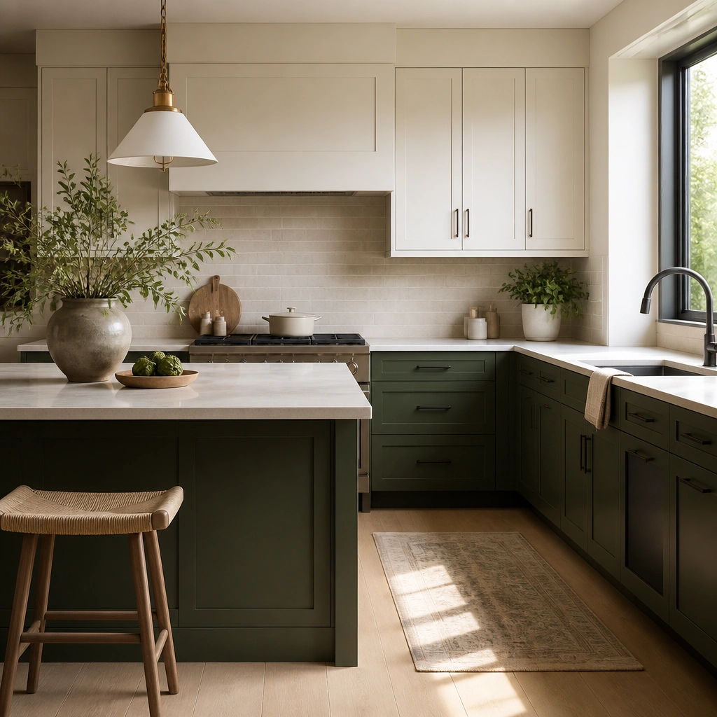 Two-tone kitchen with forest green lower cabinets and light upper cabinets in a warm white. A pale wood floor runs through the space, and blackened bronze bar pulls add contrast. The island is also forest green with a light countertop.