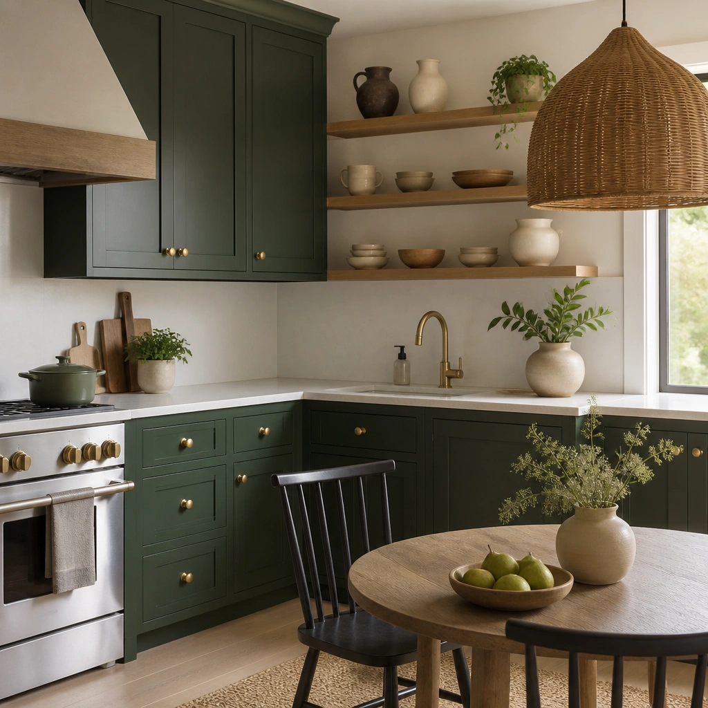 A kitchen vignette with forest green cabinets, light countertops, and a warm rattan pendant lamp above a small dining nook. The cabinet doors have brass knobs, and there are open shelves with ceramic dishes.