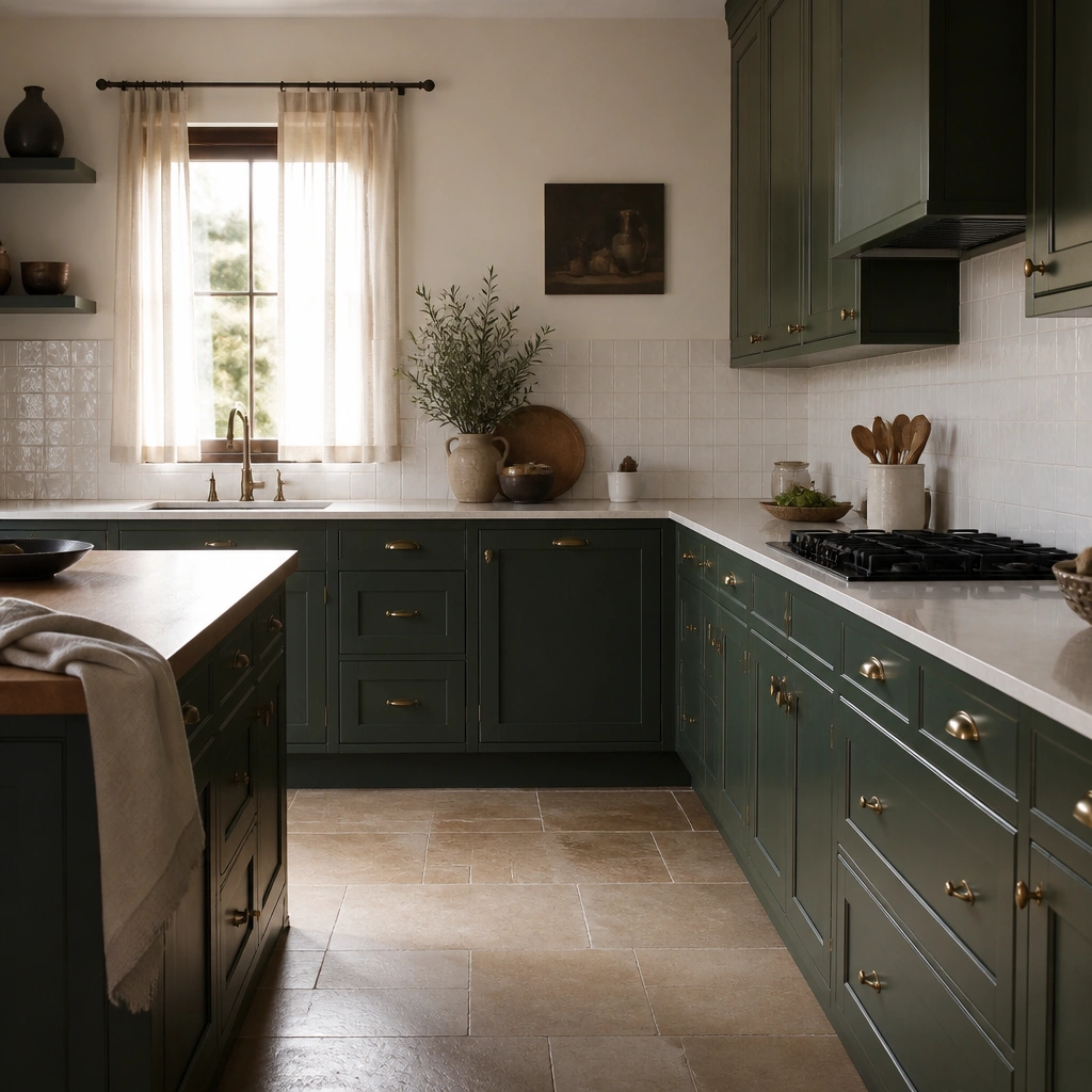A kitchen with matte forest green cabinets, antique brass knobs, and a light linen curtain over the window. The backsplash is white ceramic with subtle texture, and there’s a stone-look floor in warm tones.