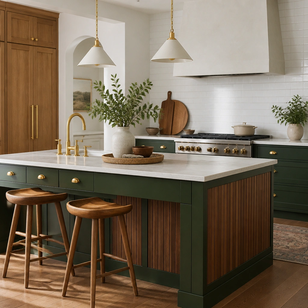 A kitchen island painted forest green with wood-front panel accents on the sides. The main countertop is light and the back wall has simple white tile. Brass pulls match the warm wood tones.