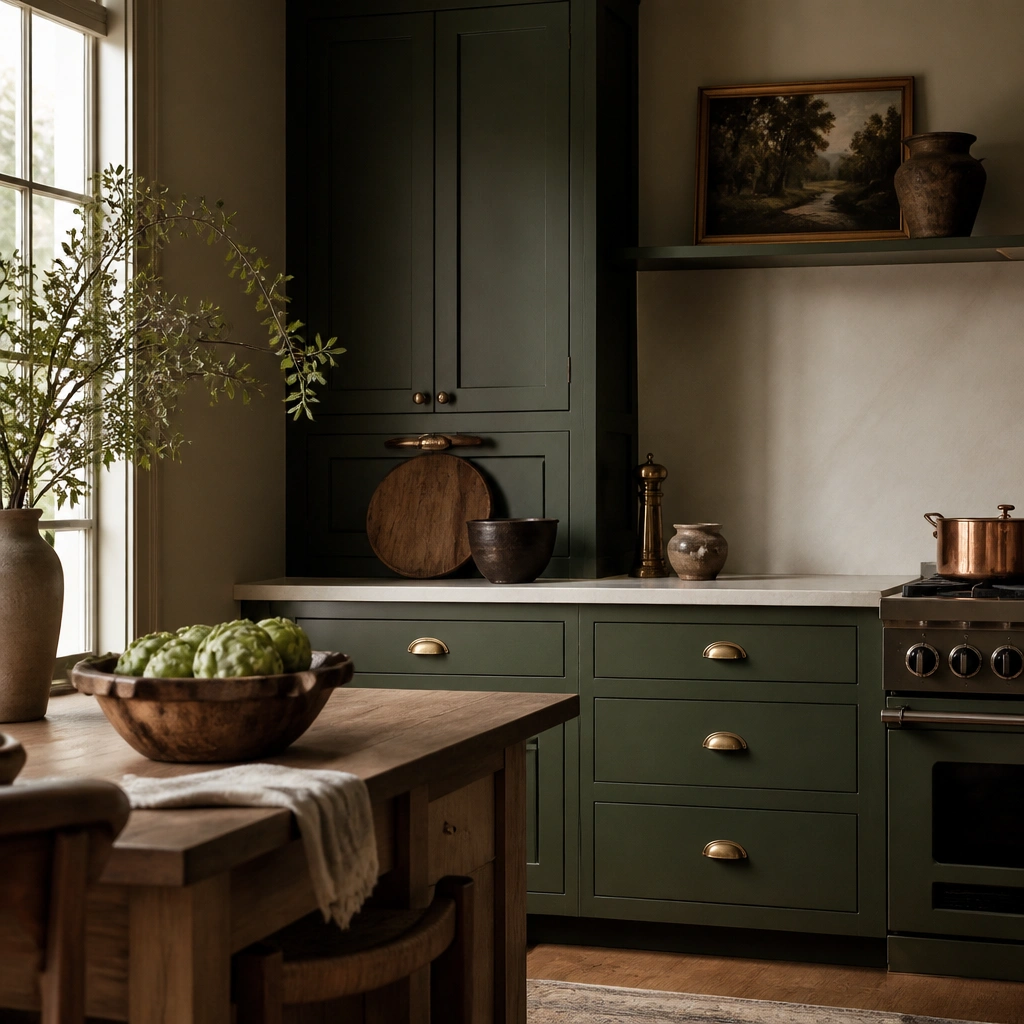 Cozy Warm Forest Green Kitchen Cabinets