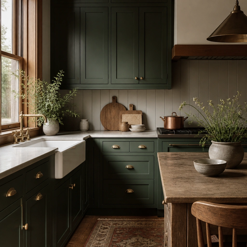 Cozy Warm Forest Green Kitchen Cabinets
