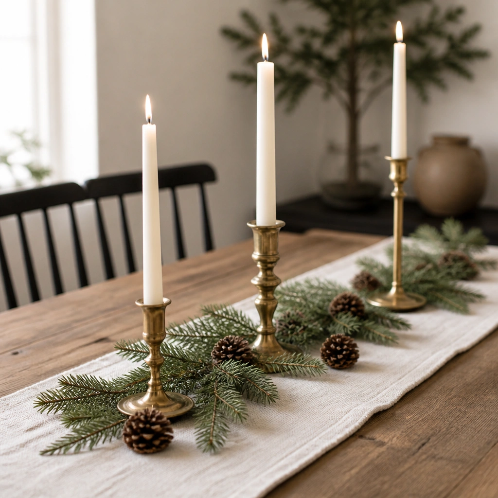 A cream linen table runner topped with a thin strip of faux evergreen garland. Three taper candles sit in mismatched brass holders, with small pine-cone accents scattered along the runner.