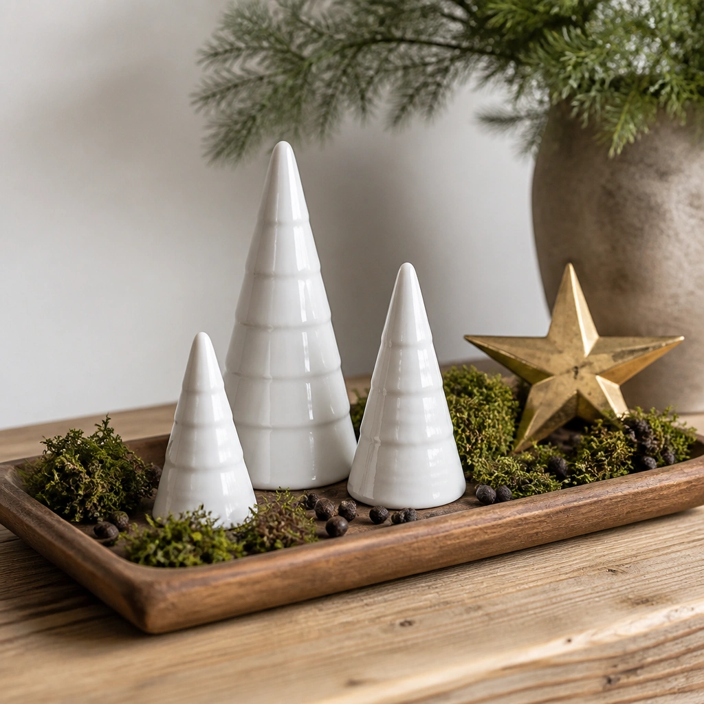 A rectangular wooden tray holding three small white ceramic cone trees. The tray is styled with scattered faux moss, a few black peppercorn-like pods, and a single gold star ornament at the back.
