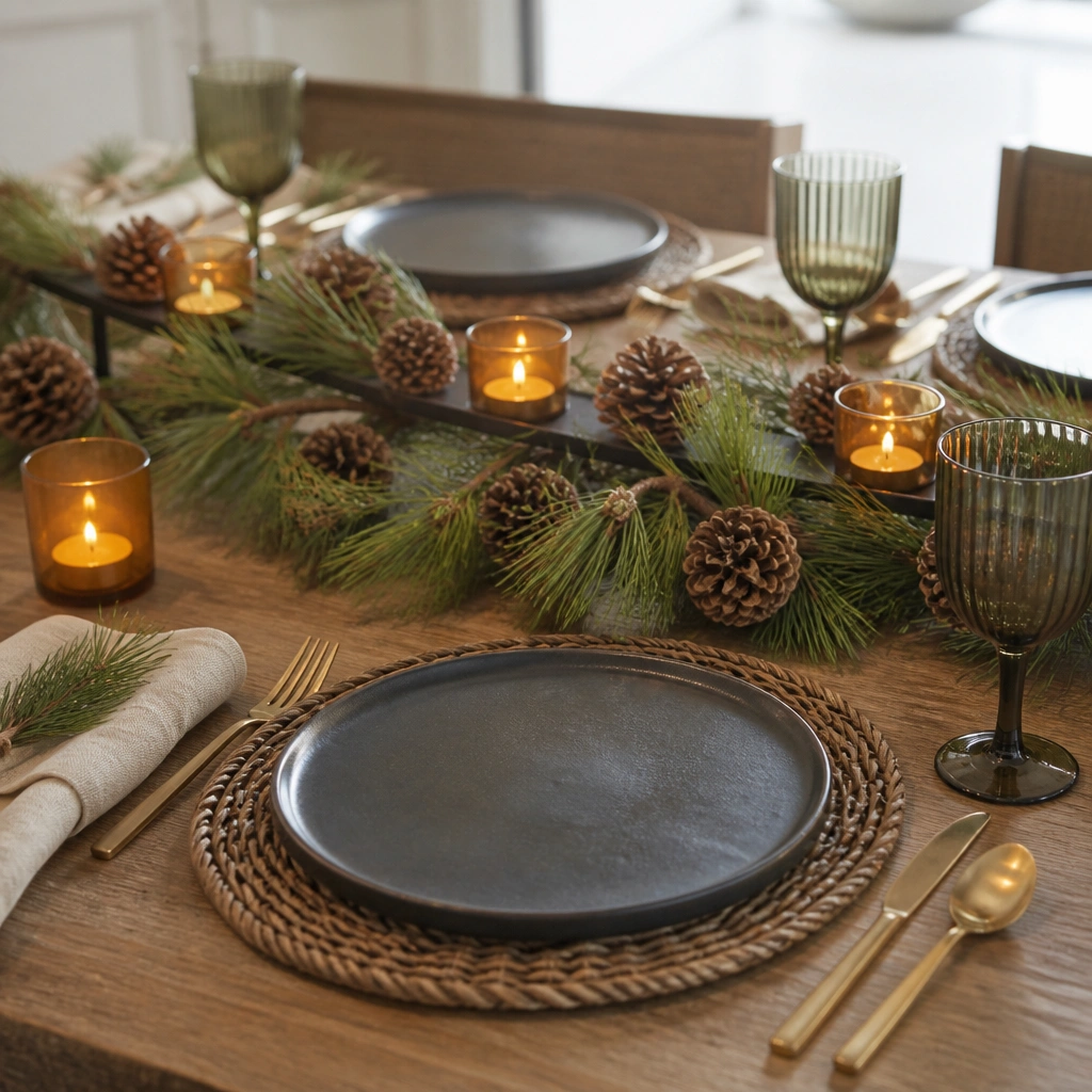 A rattan placemat under a dark ceramic plate. In the center of the table, a low faux pinecone swag drapes across a long narrow candle holder, with small amber glass votives spaced evenly.