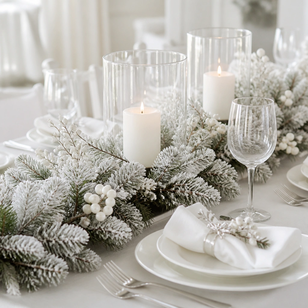 A white table setting with a frosted faux garland laid down the center. Clear glass vases hold white pillar candles, and the garland is dotted with small frosted berry picks.