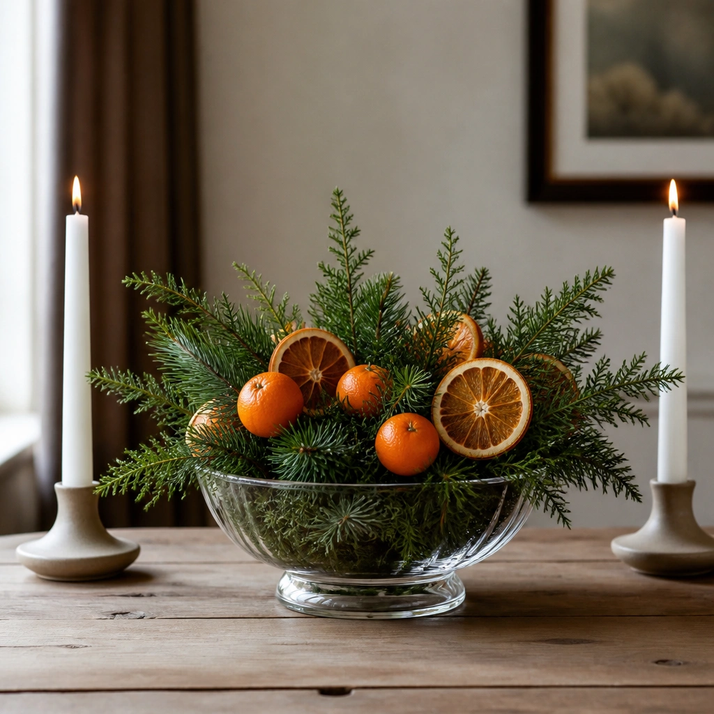 A glass bowl centerpiece filled with faux evergreen sprigs, small orange faux fruits, and sliced dried oranges. Two white taper candles stand on either side of the bowl.