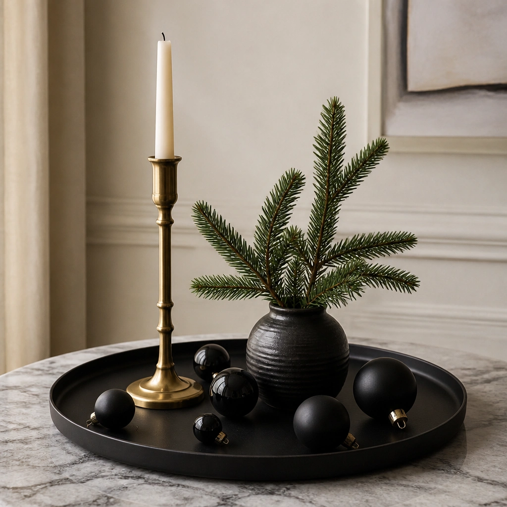 A black matte tray holding a tall brass candle stick, two short evergreen sprigs in a small vase, and scattered black ornaments laid flat like accents.