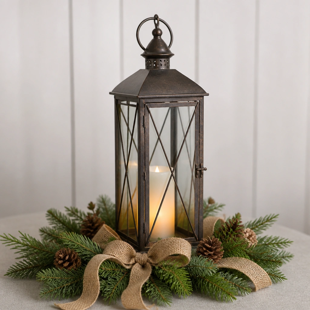 A tall metal lantern placed on a bed of faux evergreen. Inside the lantern is a flicker LED candle, and around the base are small pine cones and a burlap ribbon tied loosely.