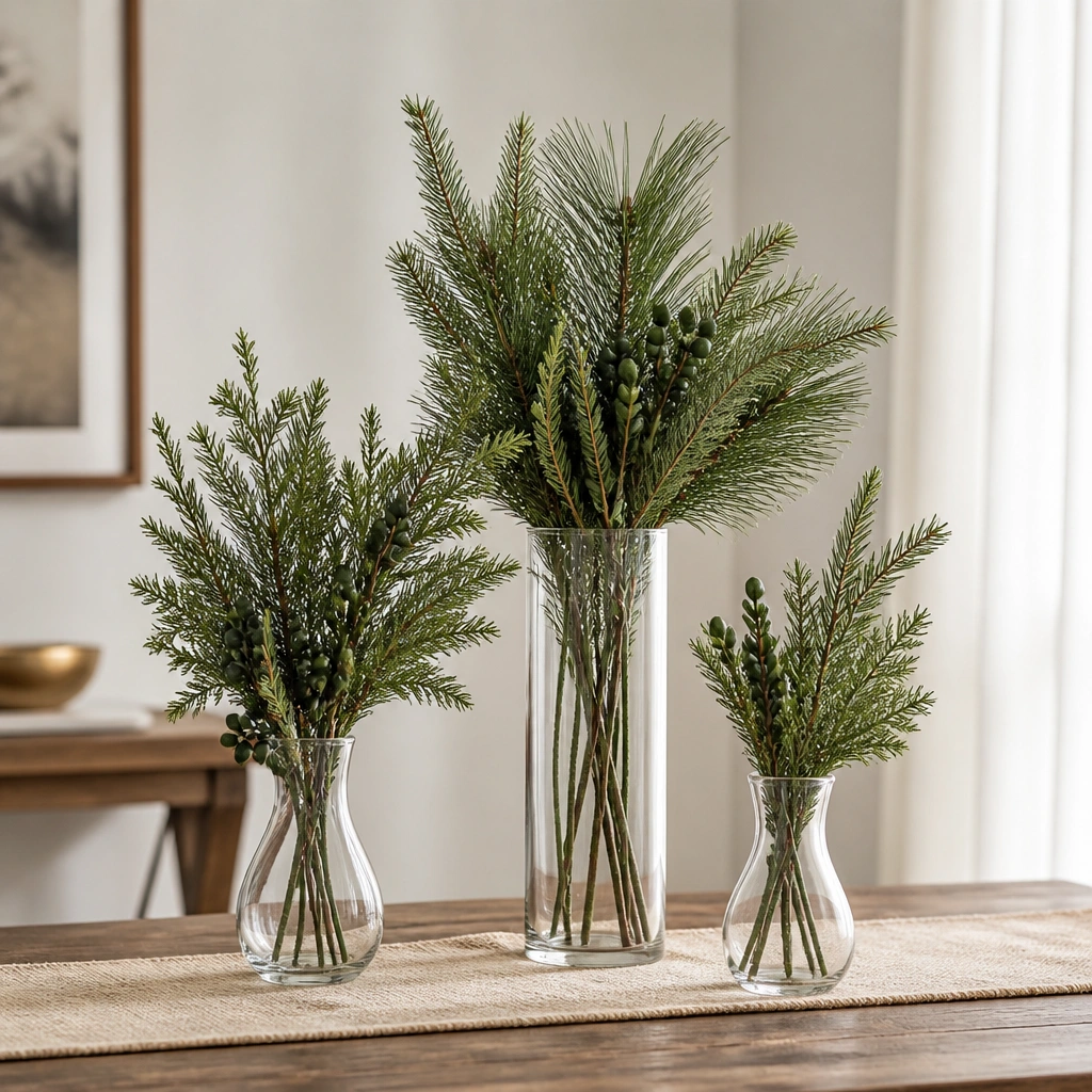 Three vases in different heights: one tall cylinder and two shorter bud vases, all filled with faux evergreen stems and small dark green berry accents. The cluster sits on a simple wooden table runner.