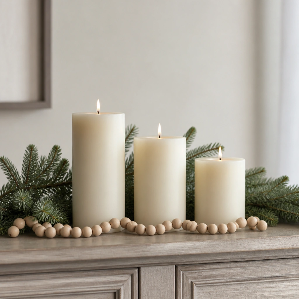 A long low arrangement of three pillar candles with varying heights. Faux evergreen is tucked behind them, and wooden bead garland is draped along the base of the candles.