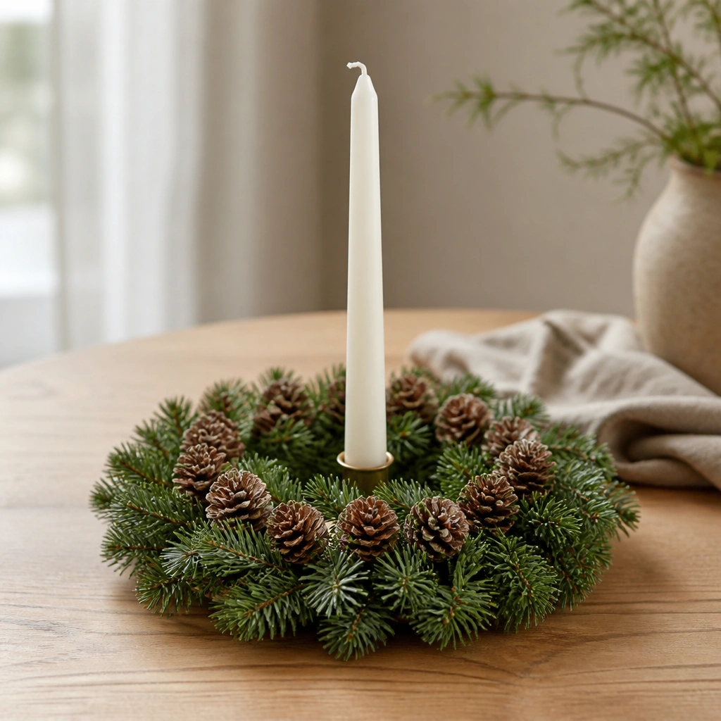 A mini evergreen wreath sits flat on the table. It’s styled like a base with a single taper candle in the center and a ring of small pine cones around it.