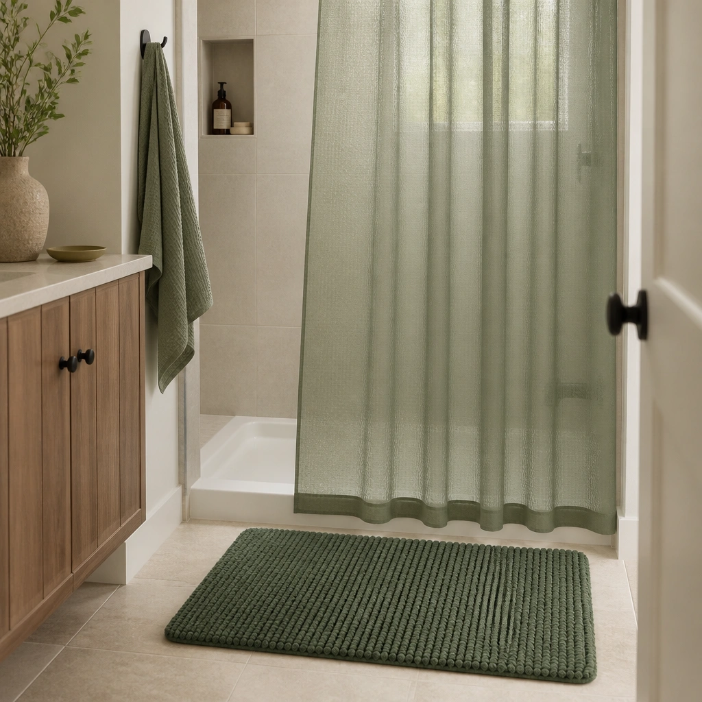 A small bathroom shower with a translucent sage-green liner and a matching textured evergreen bath mat on a light tile floor.