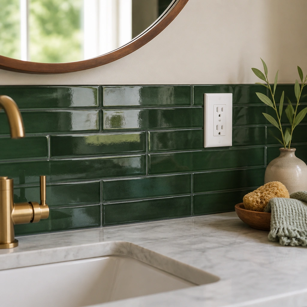 Close-up of a bathroom vanity area with a small backsplash covered in glossy deep green peel-and-stick tile panels, neatly cut around the outlet.