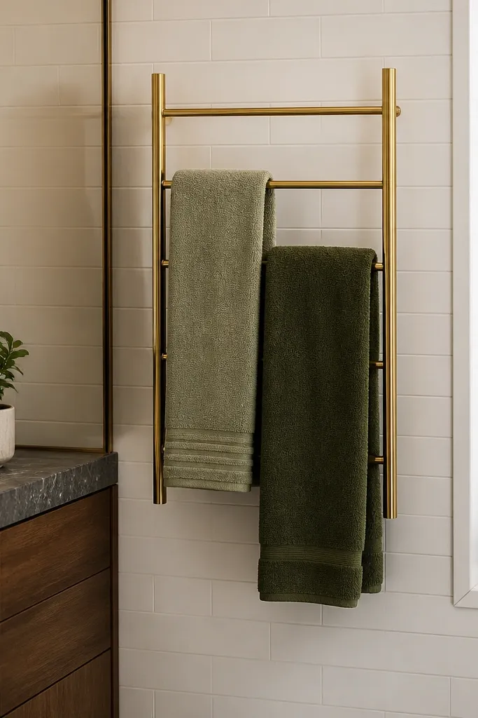 A slim towel ladder in front of a white wall, holding folded towels in sage, soft moss, and one dark green accent towel.