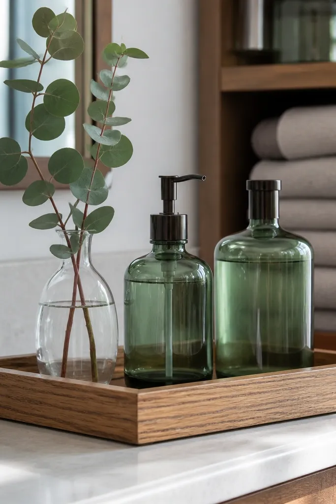 A bathroom vanity with a rectangular natural wood tray holding a green glass soap dispenser, a small candle, and a folded sage hand towel.
