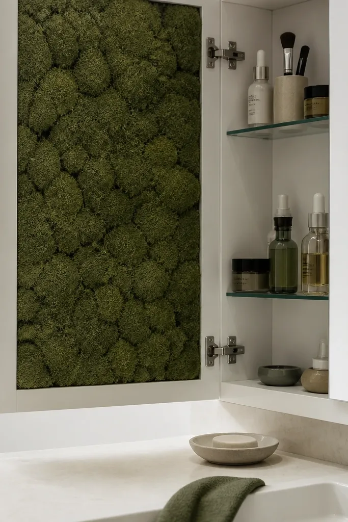 Open medicine cabinet showing the inside door covered in moss-green peel-and-stick wallpaper, with toiletries neatly arranged on shelves.