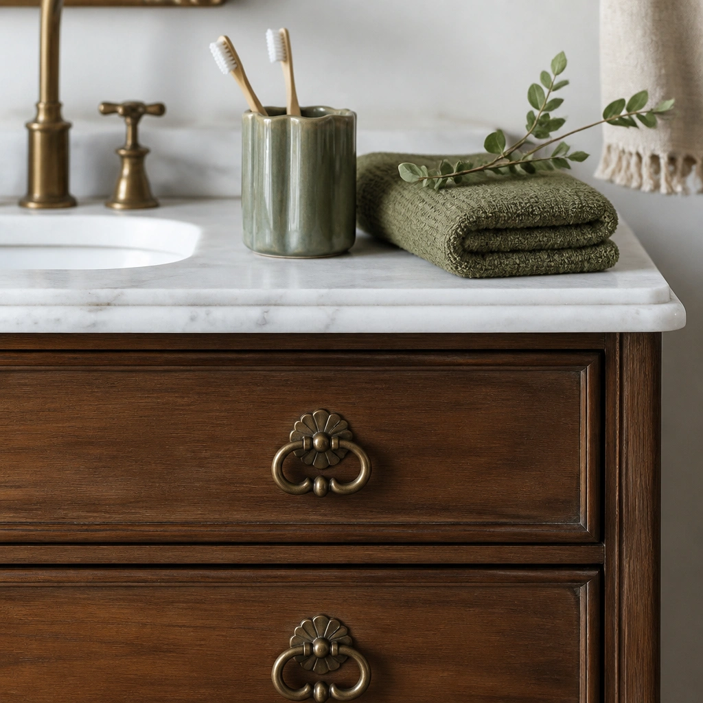 A vanity drawer close-up showing antique brass pulls, paired with green ceramic toothbrush holder and a folded moss towel on the counter.