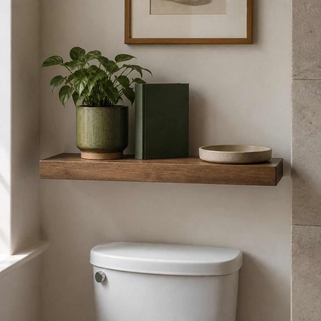 A floating shelf above a toilet with a small plant in a green ceramic pot, a dark green book spine facing out, and a round ceramic tray.