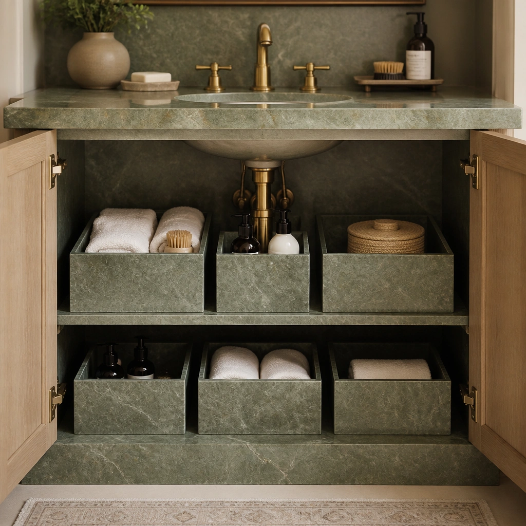 Under the sink with neatly labeled bins lined in green stone-look contact paper, showing a tidy, spa-like organization.