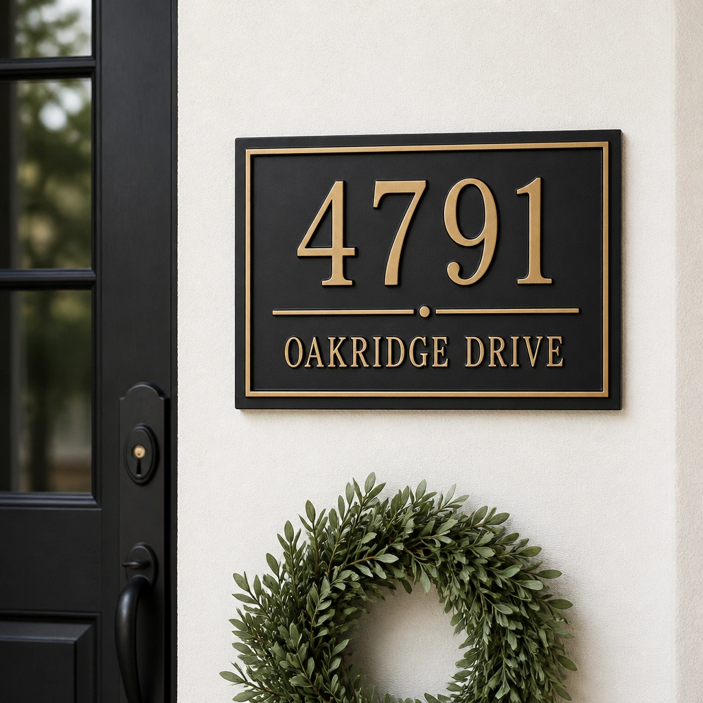 A matte black rectangular plaque mounted beside a front door, with raised gold lettering and a thin gold border line. The background is a light neutral wall; a small green wreath sits below the plaque.