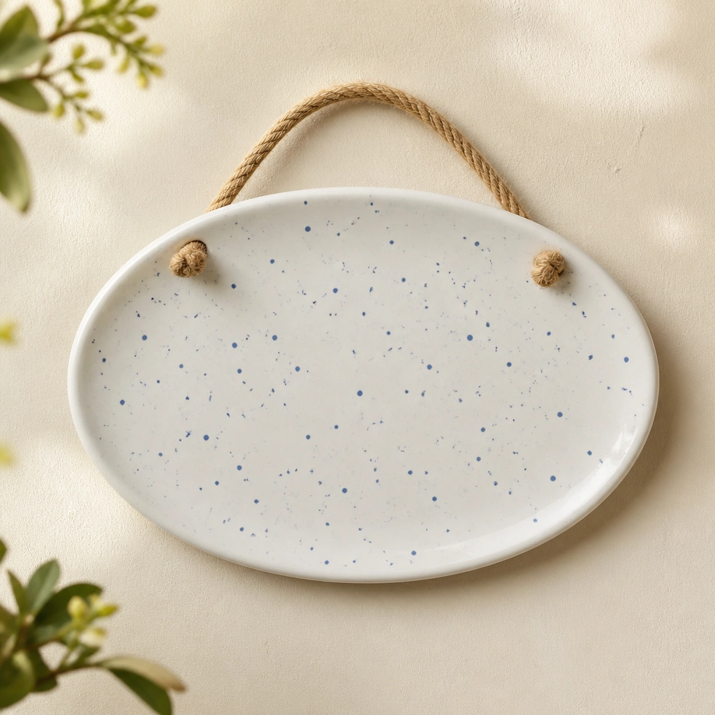 A white ceramic oval name plate with small blue speckles scattered across the surface, mounted on a cream wall. Blue script-style lettering is centered; a simple rope hanger detail is visible at the top.