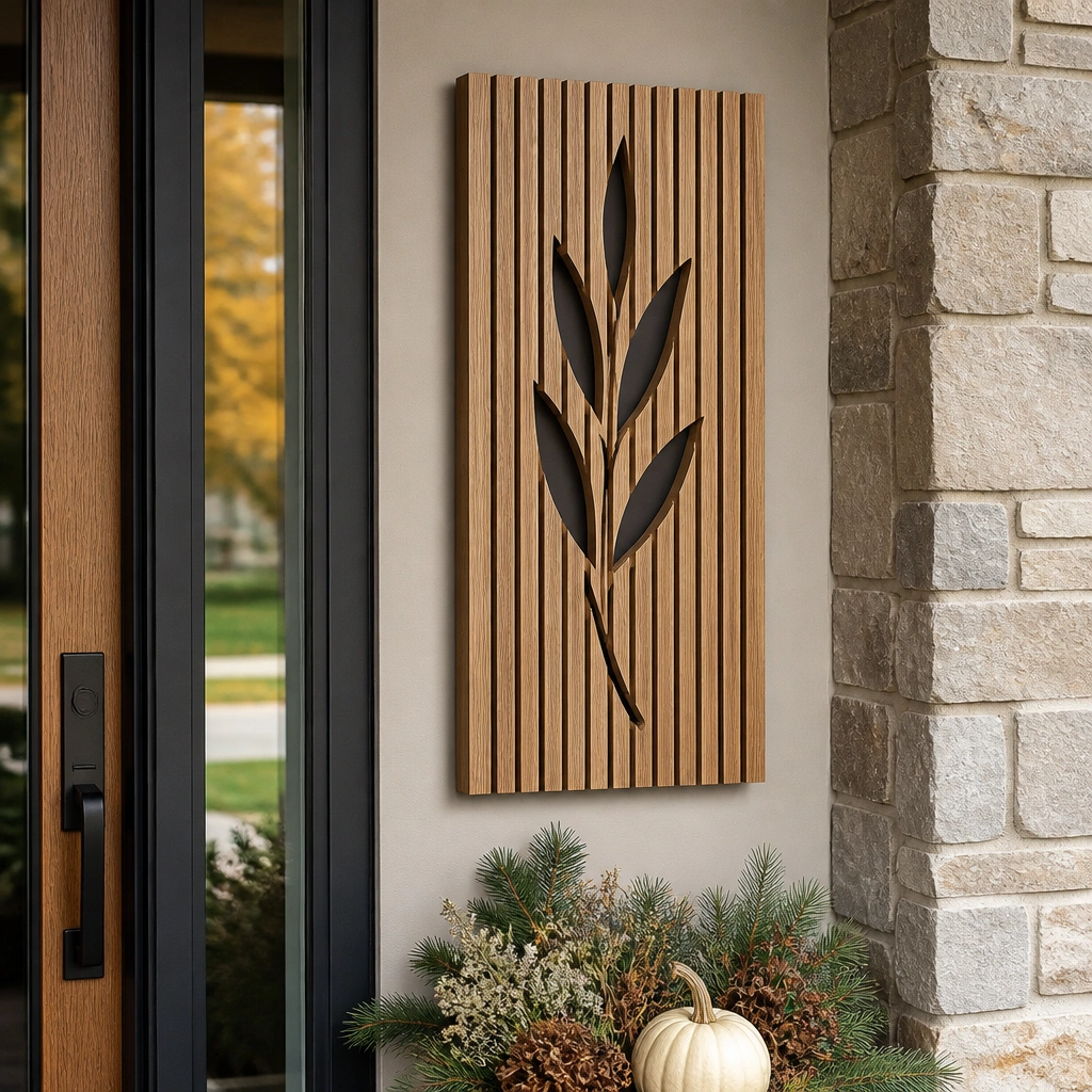 A vertical wood slat sign with natural oak tones and laser-cut letter cutouts. The letters are open and show a darker backing behind them, creating a shadow effect. It’s mounted near a doorway with a small seasonal planter below.