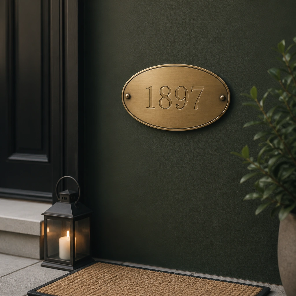 An oval brass-finish plate with engraved serif letters. The metal reflects soft light; it’s mounted on a dark green wall. A small lantern and a neutral doormat sit below.