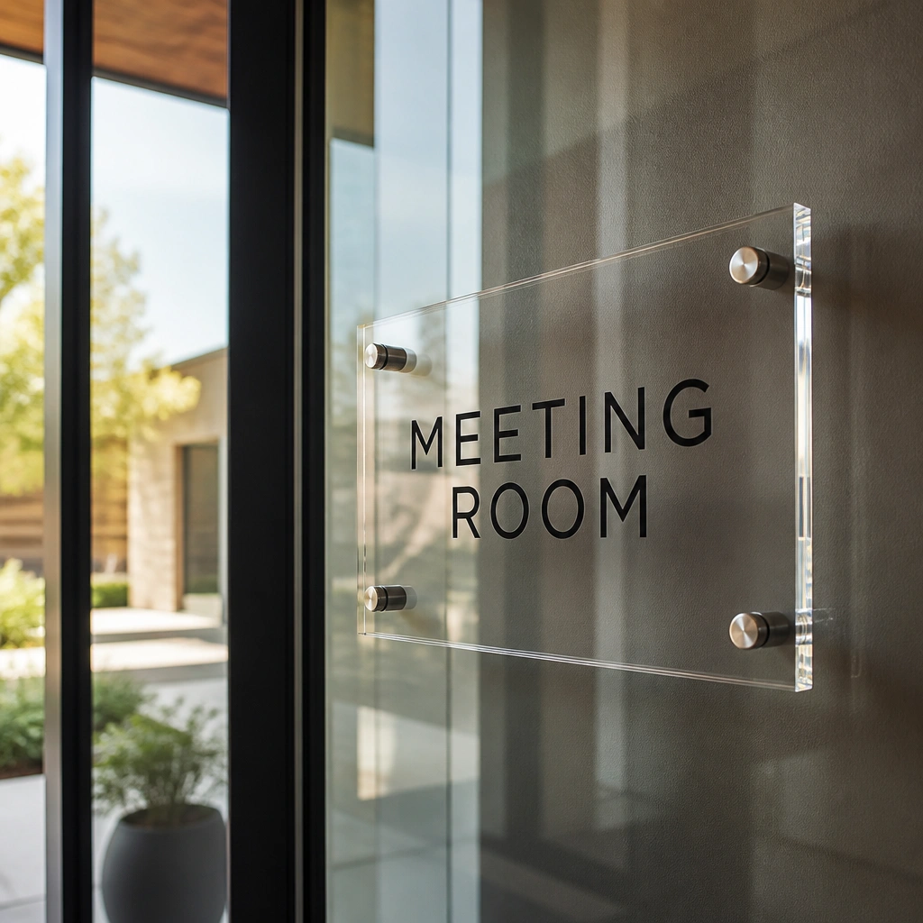 A transparent acrylic rectangle with crisp black vinyl lettering mounted on a glassy entryway panel. The letters look clean and modern; the background shows subtle reflections from outdoor light.