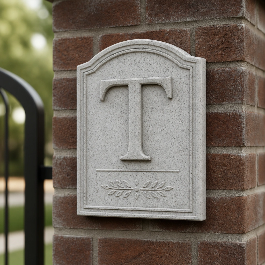 A stone-texture composite plaque featuring a large raised initial in the center with smaller engraved text beneath. The plaque has a speckled gray-white finish and is mounted on a brick column.