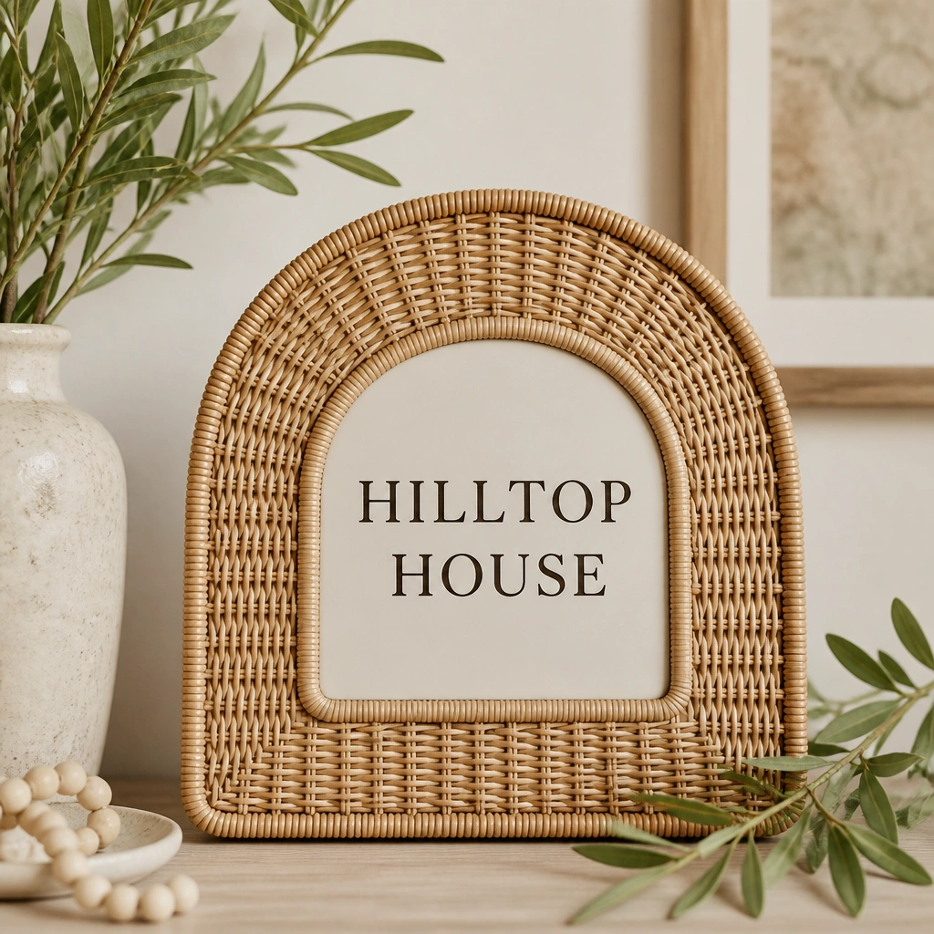 A rattan woven frame shaped like an arch, holding a removable center insert with the home name in dark lettering. The insert looks like a small plate inside the frame; greenery decor sits nearby.