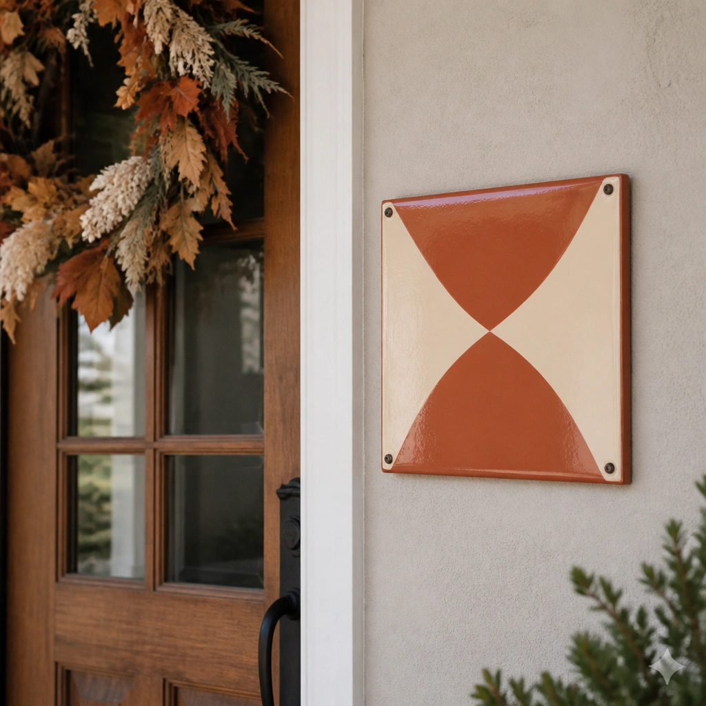 A sign with a glossy enamel-like finish, featuring color-blocked letters in muted terracotta and cream. It’s mounted beside a front door with a seasonal wreath above it.