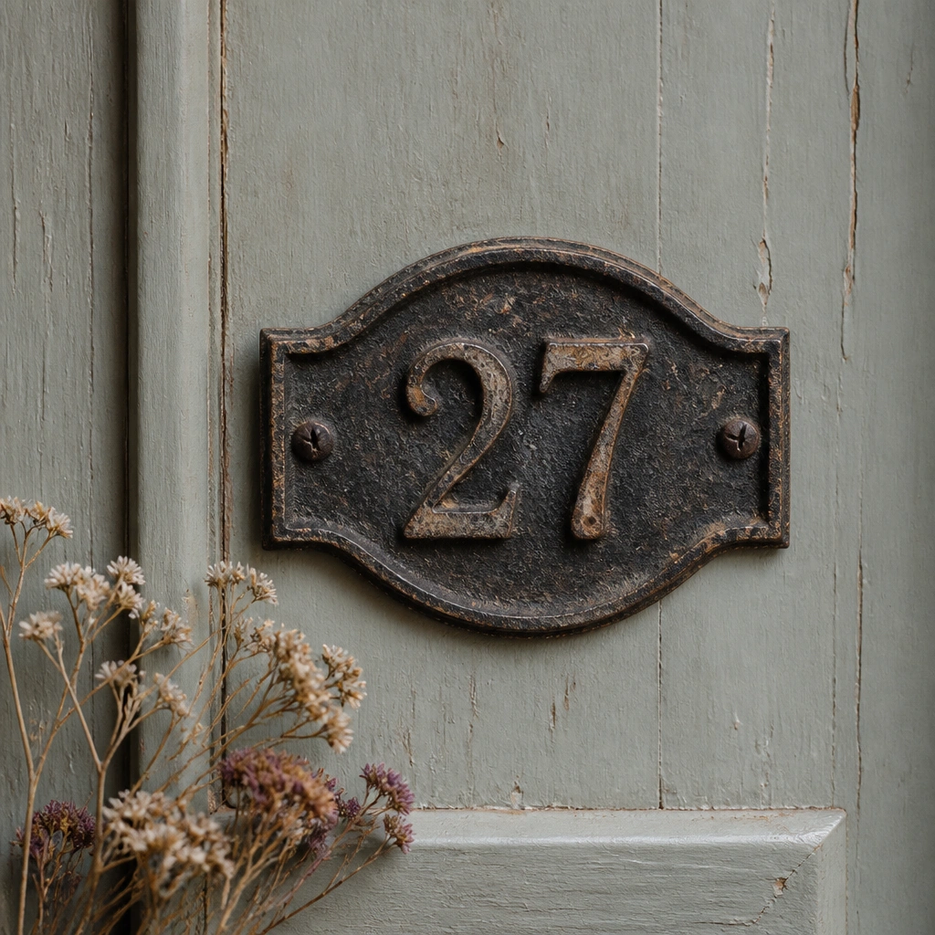 A cast iron front-door number plate with a weathered patina finish, mounted on a painted wood door. The numbers are raised and slightly rustic; small dried flowers sit at the base.