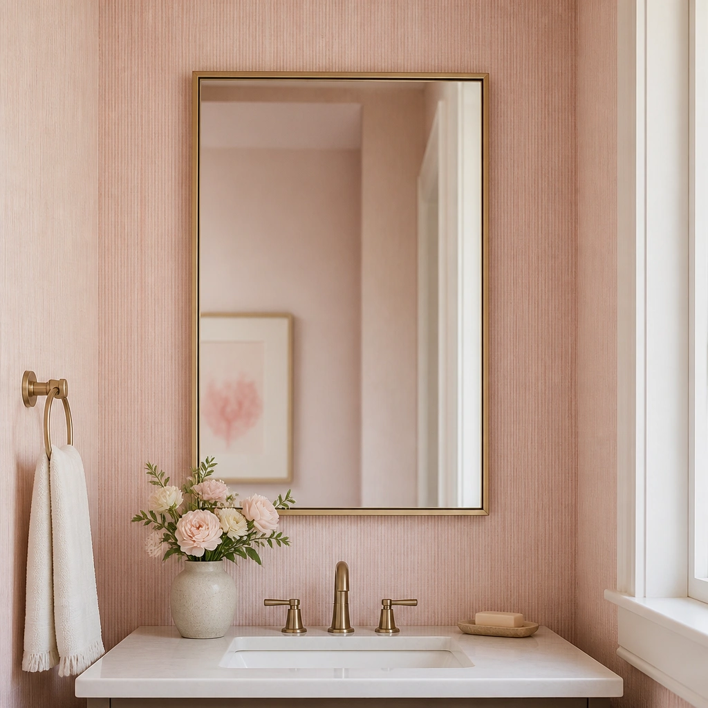 A small bathroom vanity wall covered in blush peel-and-stick wallpaper with a subtle vertical texture; a white countertop and a framed mirror reflect soft pink tones.