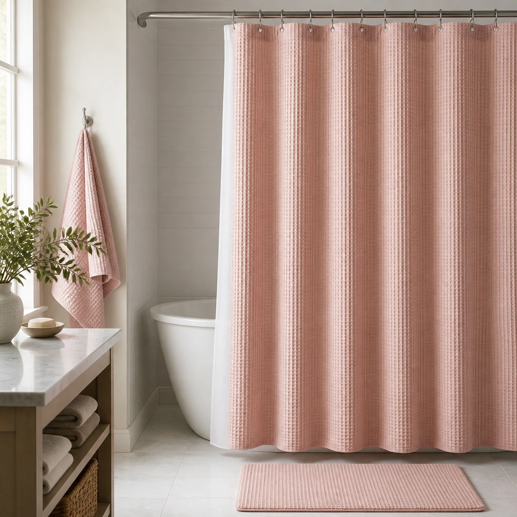 A blush pink waffle-textured shower curtain hangs straight with a simple white liner; chrome hooks and a matching pink bath mat sit on pale tile flooring.